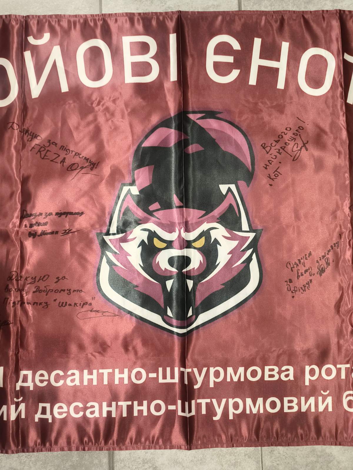 Ukrainian ensign with patch signed by fighters of 1st Airborne Assault Company (Combat raccoons) - Image 5