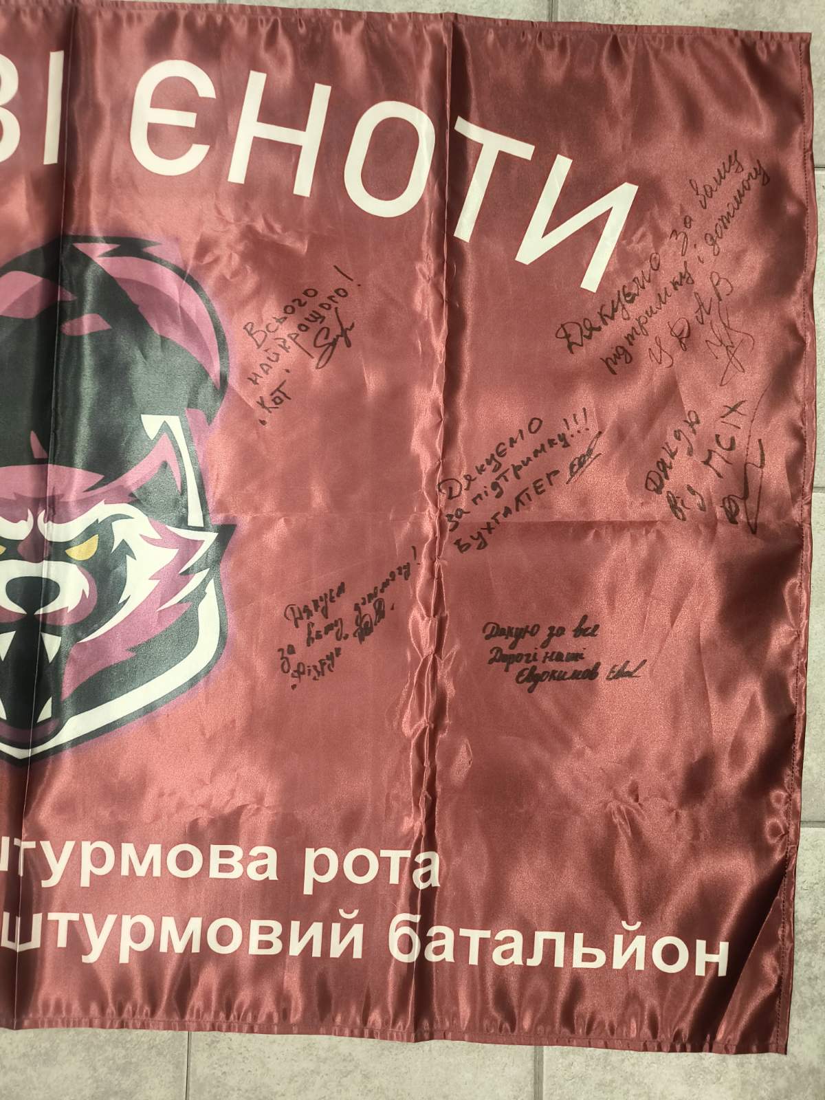 Ukrainian ensign with patch signed by fighters of 1st Airborne Assault Company (Combat raccoons) - Image 6