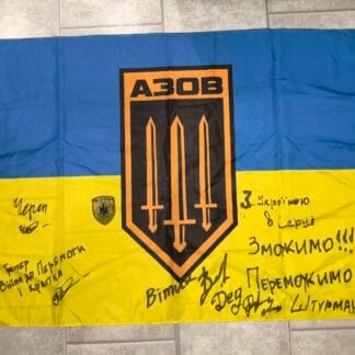 Ukrainian patch and flag signed by fighters of Azov Brigade #1
